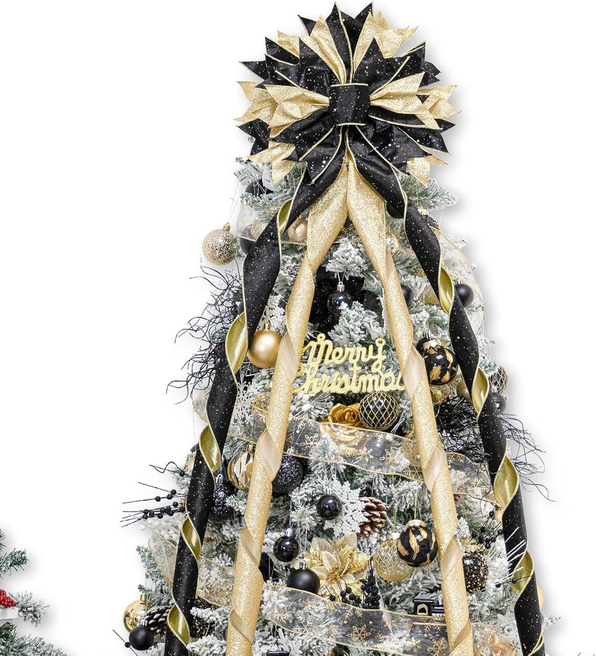 Christmas Tree Topper Bow, 53x13 Inches Large Christmas Bow with Glitter Streamer, Decorative Ribbon Bows for Xmas Tree Wreath Door Festival Home Decor(Black & Gold)